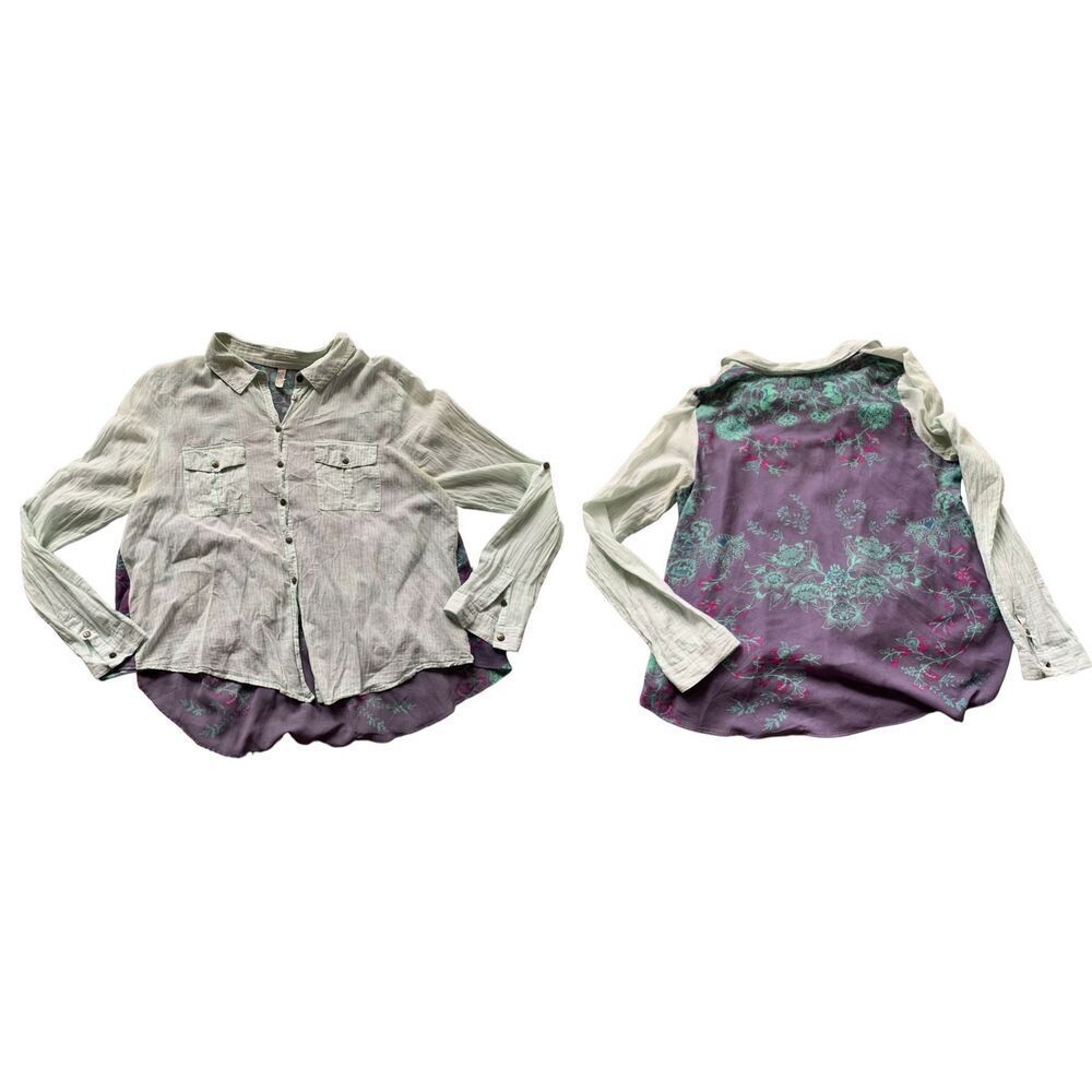 Free People BOHO crepe & floral back BLOUSE SHIRT TOP sz L